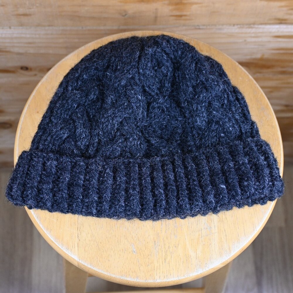 Aran Irish Wool Cable Knit Fleece Lined Rib Cap in Charcoal